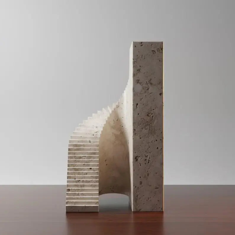 Modern Travertine Bookend – Geometric Arch Sculpture for Minimal Home Decor