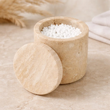 Handcrafted Travertine Stone Storage Jar with Lid | Natural Marble Canister | Minimalist Bathroom & Vanity Decor