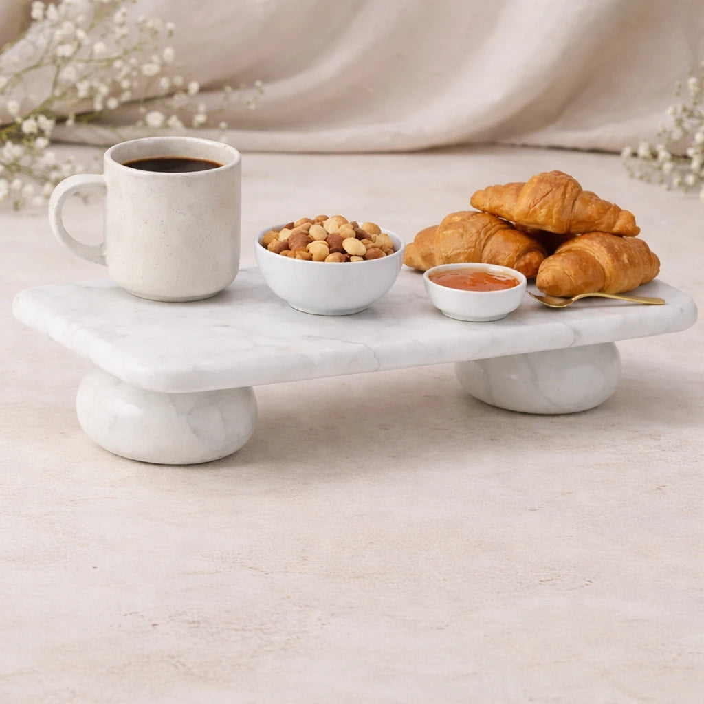 Handcrafted White Marble Serving Stand | Elevated Stone Tray for Coffee Snacks & Table Styling