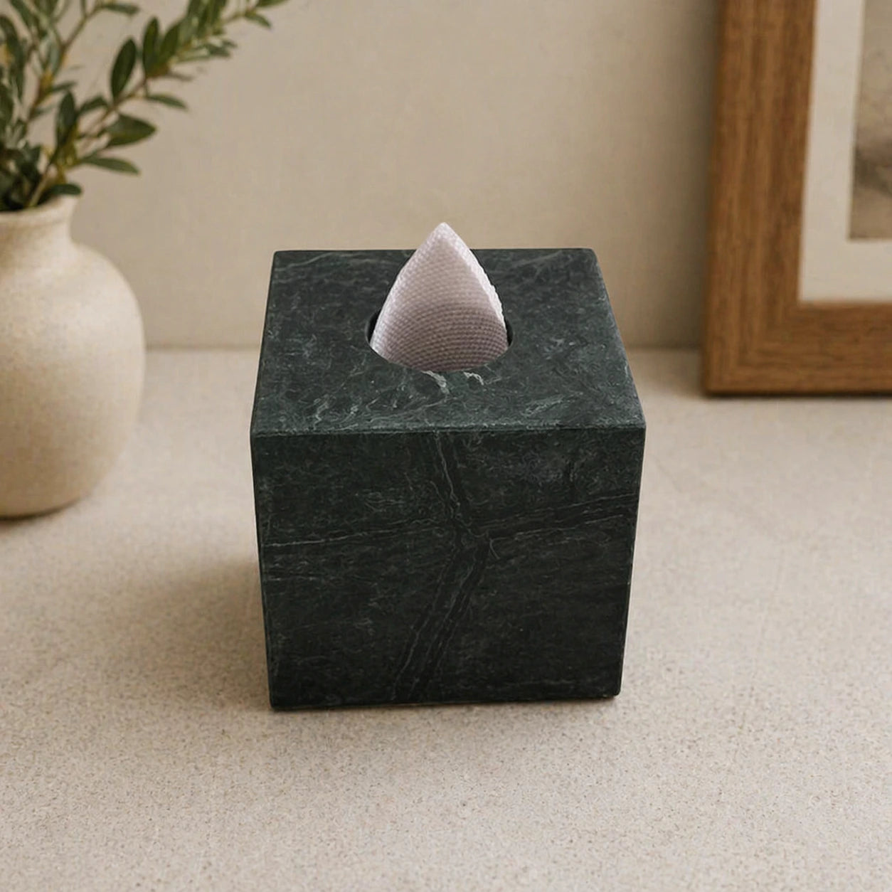 Handcrafted Green Marble Tissue Box Holder | Luxury Stone Bathroom & Table Decor
