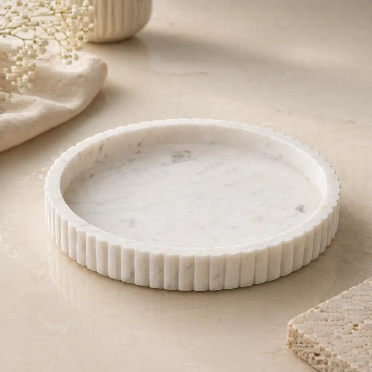 Handcrafted White Marble Decorative Tray, Round Ottoman Centerpiece