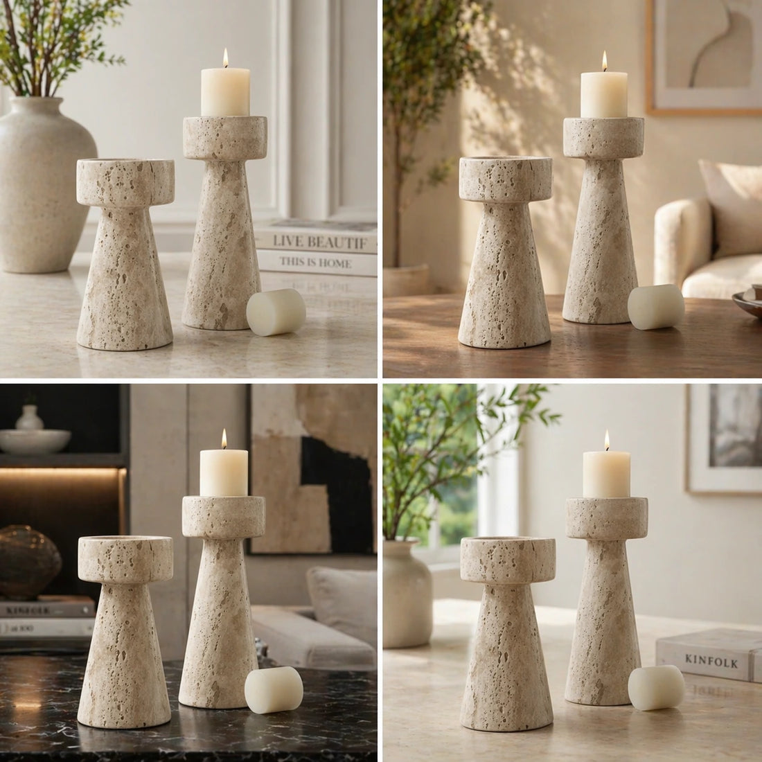 Travertine Candle Holder Set | Minimal Stone Decor | Christmas & Holiday Home Styling Set of 3 Pieces
