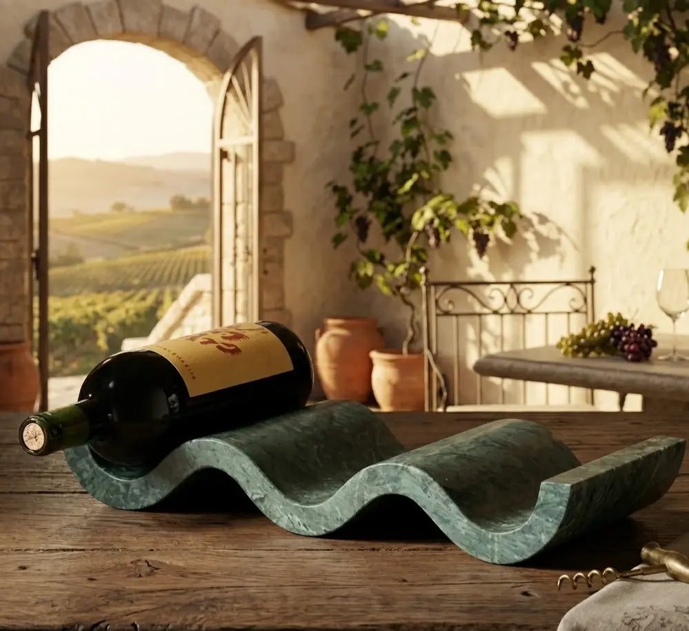 Stylish marble wine rack with a smooth wave design holding a bottle