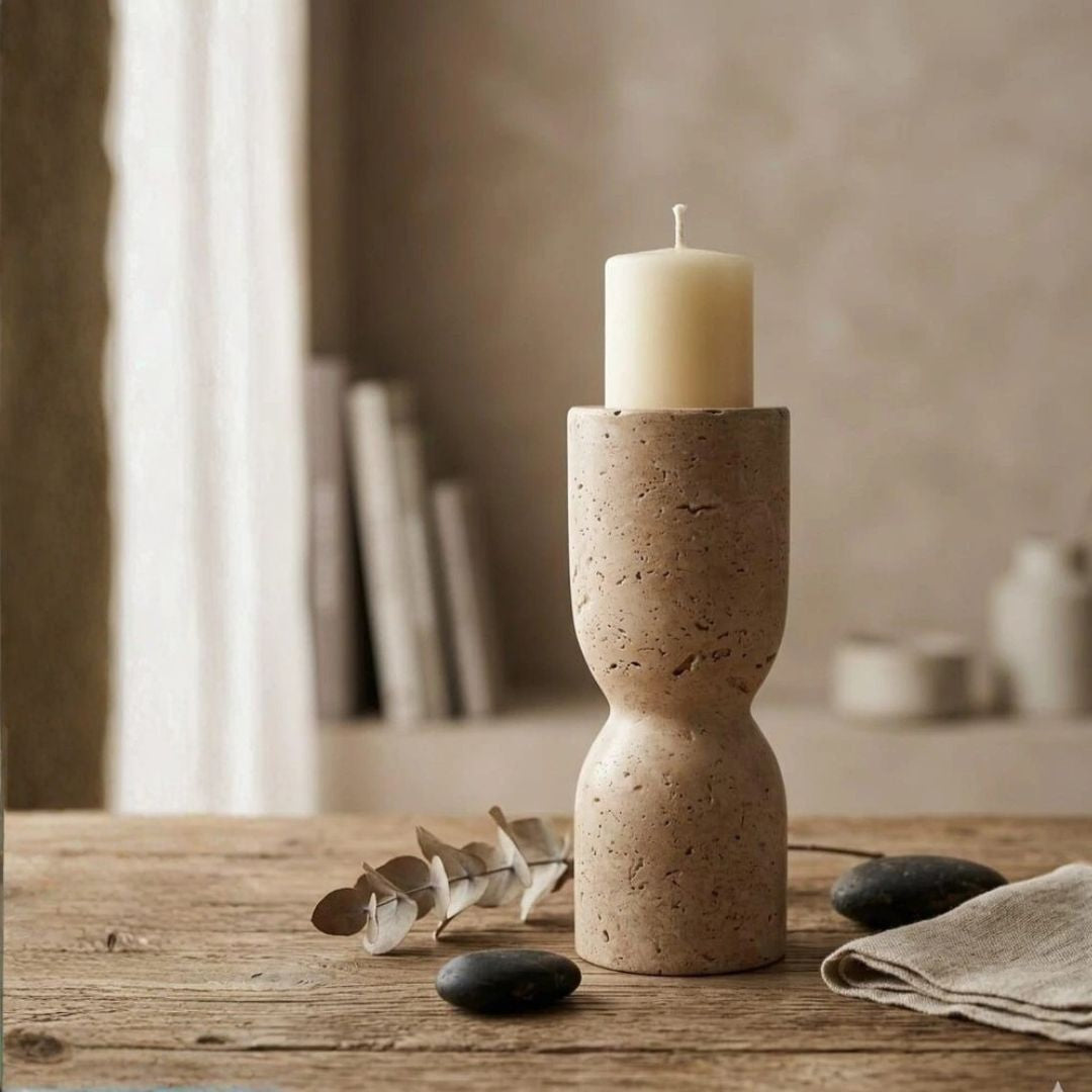 Luxury marble candle holder in neutral tones, placed on rustic wood with dried leaves and spa-inspired decor.
