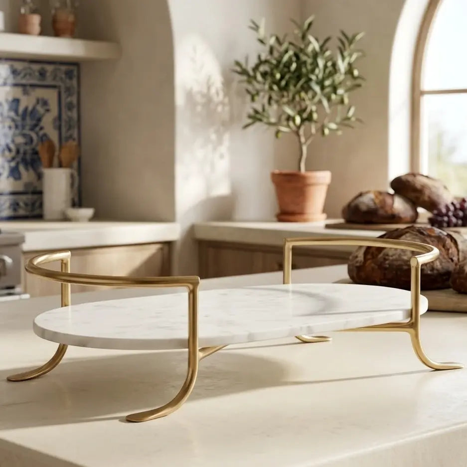 White Marble Tray with Brass Stand | Luxury Bathroom Vanity Organizer | Minimal Home Decor