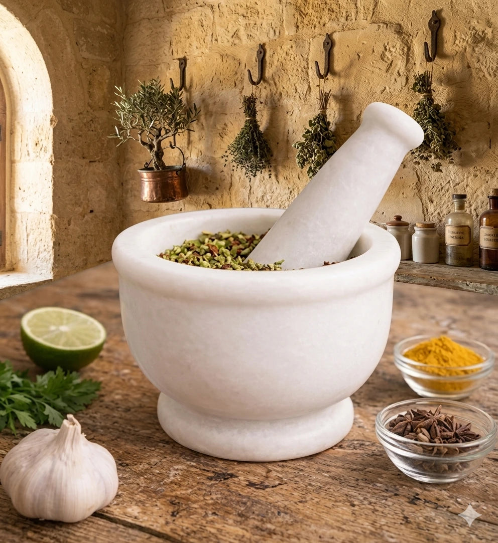 Close-up of a 5-inch diameter white marble mortar and pestle. The natural stone shows subtle grey veining. The scene highlights the heavy-duty construction and smooth polished finish, ideal for grinding fresh herbs and spices in a luxury kitchen setting.