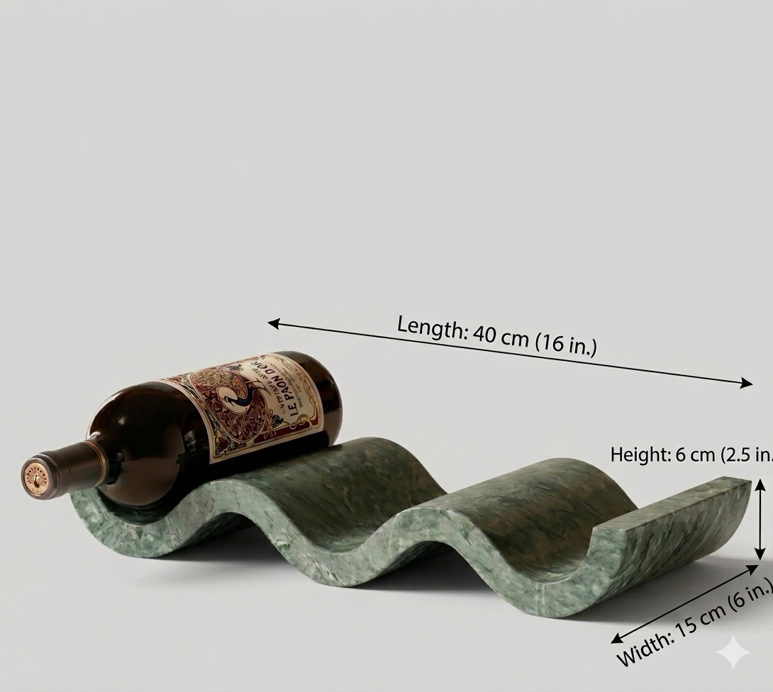 Artistic wine holder made of green stone with a flowing shape, supporting a bottle on a rustic tabletop.