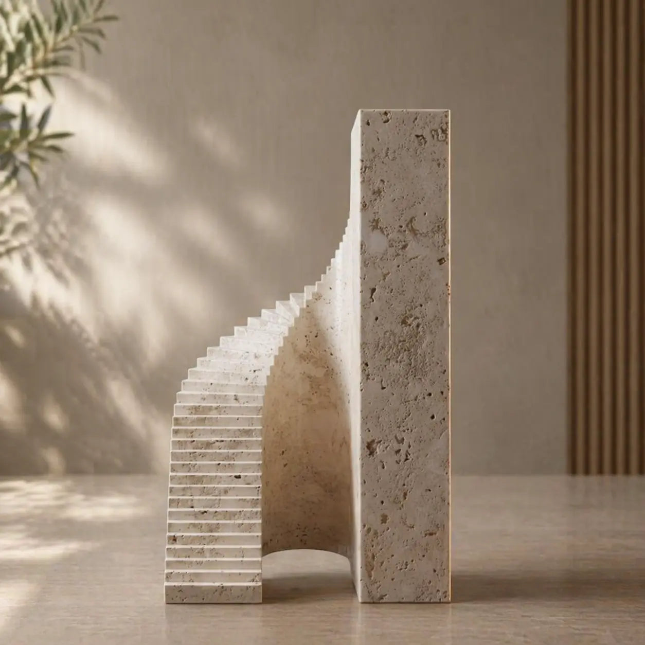 A modern minimalist bookend made of textured travertine marble