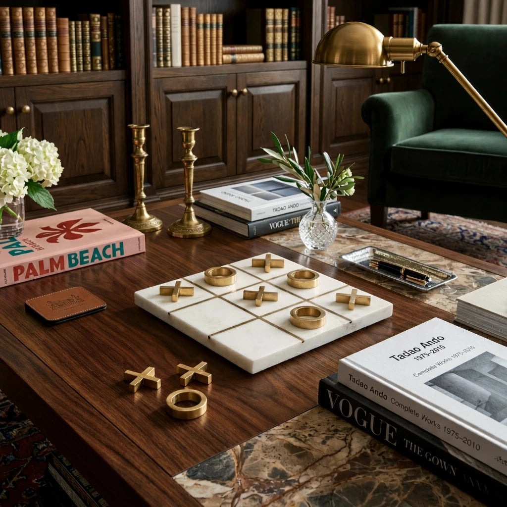 Elegant marble board game with gold inlay lines and metallic tic tac toe pieces