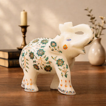 Handcrafted Marble Elephant Figurine with Floral Inlay Art