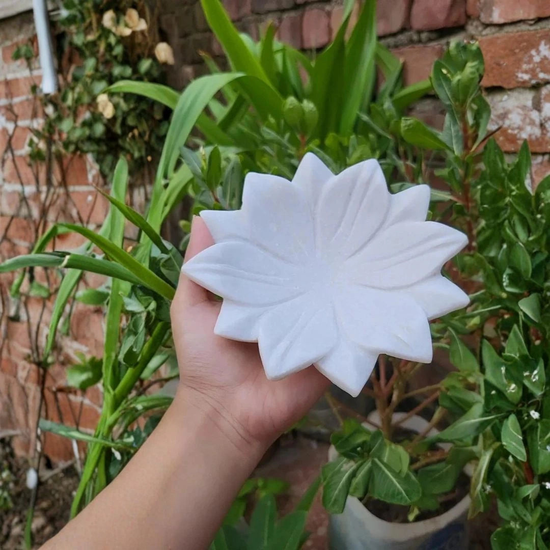 Handcrafted White Marble Lotus Shaped Decorative Bowl 6 x 6 Inches