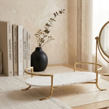 White Marble Tray with Brass Stand | Luxury Bathroom Vanity Organizer | Minimal Home Decor