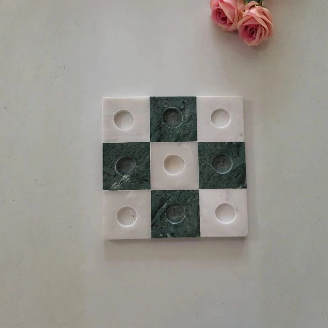 Handmade Marble Tic Tac Toe Set Green and White Stone Detail Home Decor Gift