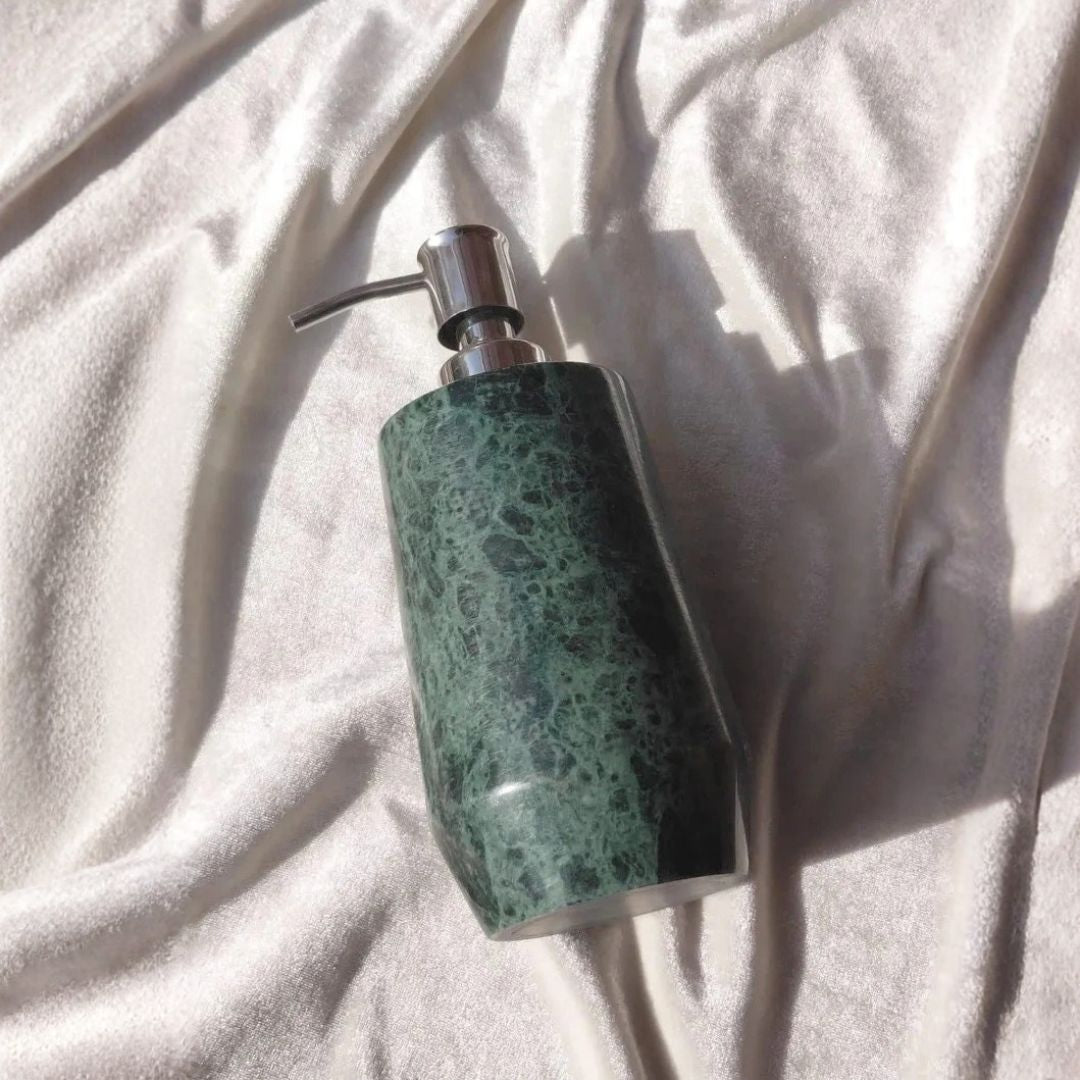 Green Marble Soap Dispenser with Silver Pump – Natural Stone Liquid Soap & Lotion Bottle
