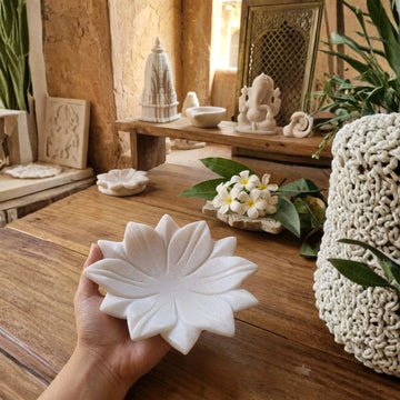 Handcrafted White Marble Lotus Shaped Decorative Bowl 6 x 6 Inches