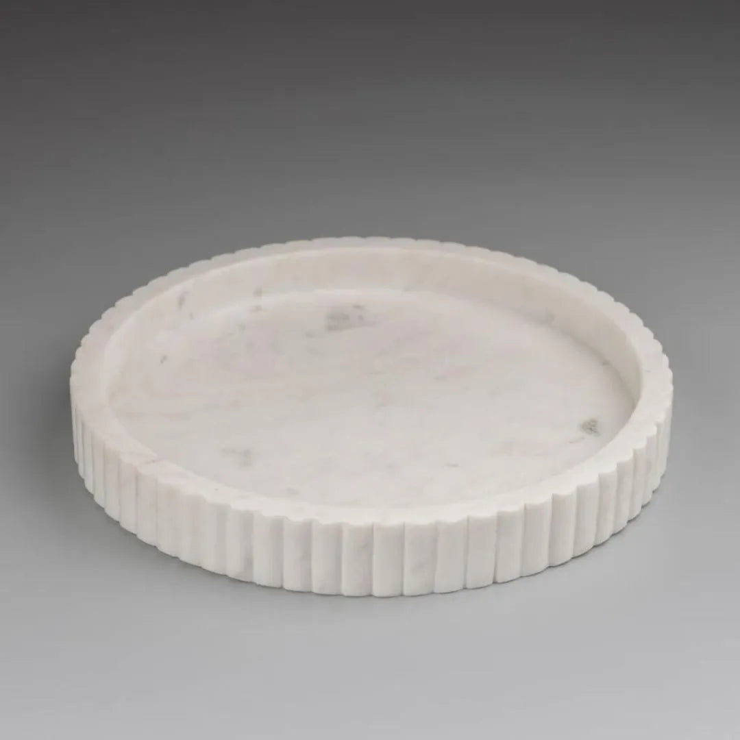 Handcrafted White Marble Decorative Tray, Round Ottoman Centerpiece