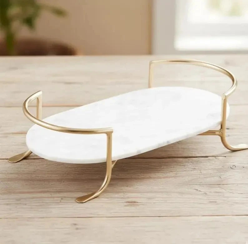 White Marble Tray with Brass Stand | Luxury Bathroom Vanity Organizer | Minimal Home Decor