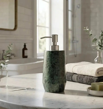 Green Marble Soap Dispenser with Silver Pump – Natural Stone Liquid Soap & Lotion Bottle