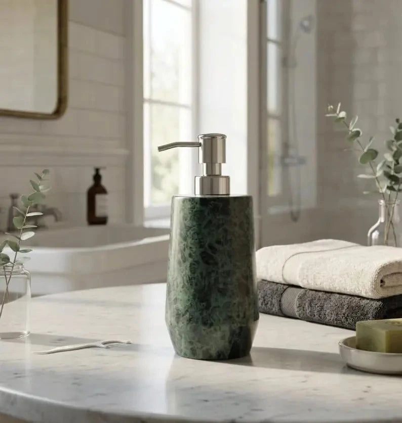 Green Marble Soap Dispenser with Silver Pump – Natural Stone Liquid Soap & Lotion Bottle