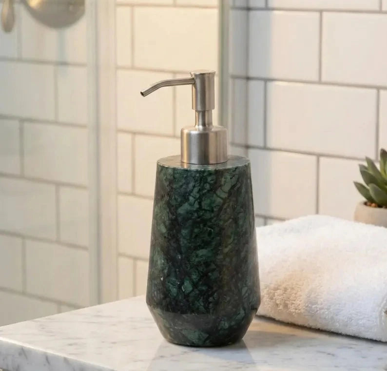 Green Marble Soap Dispenser with Silver Pump – Natural Stone Liquid Soap & Lotion Bottle