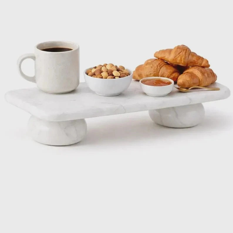 Handcrafted White Marble Serving Stand | Elevated Stone Tray for Coffee Snacks & Table Styling