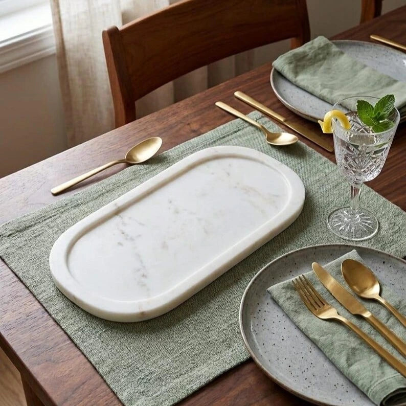 Minimalist Marble Serving Tray | Oval White Stone Tray