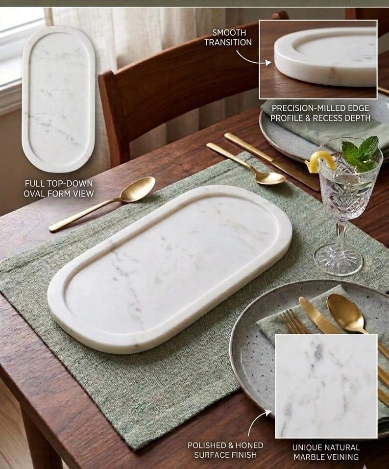 Minimalist Marble Serving Tray | Oval White Stone Tray