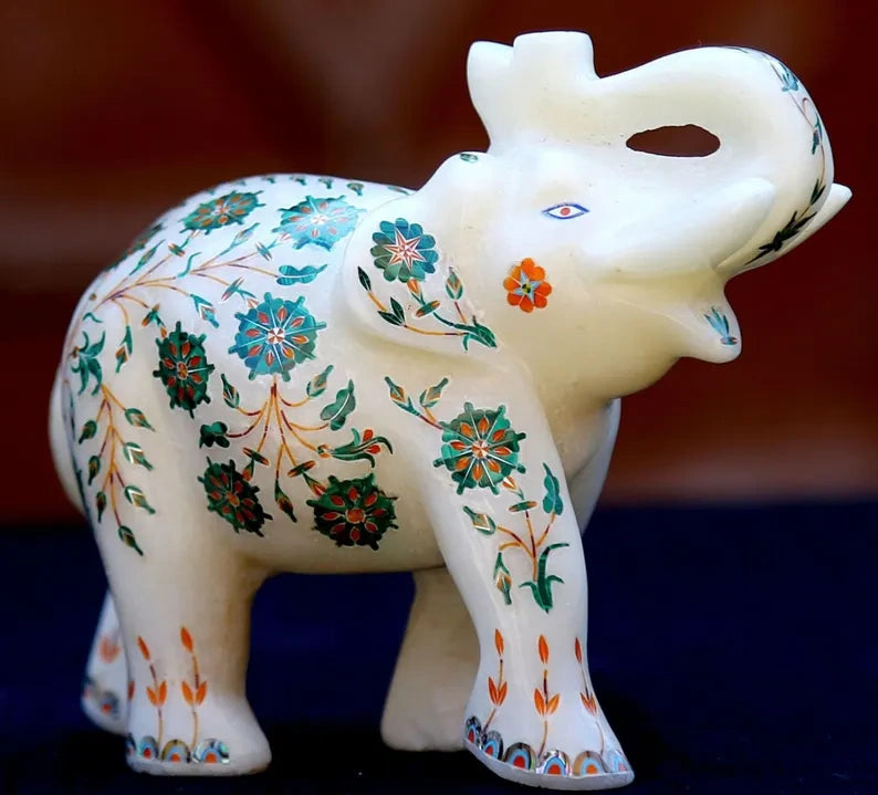 Handcrafted Marble Elephant Figurine with Floral Inlay Art