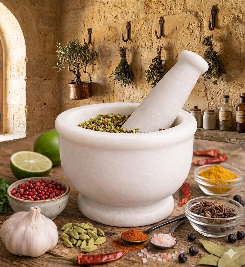 Close-up of a 5-inch diameter white marble mortar and pestle. The natural stone shows subtle grey veining. The scene highlights the heavy-duty construction and smooth polished finish, ideal for grinding fresh herbs and spices in a luxury kitchen setting.