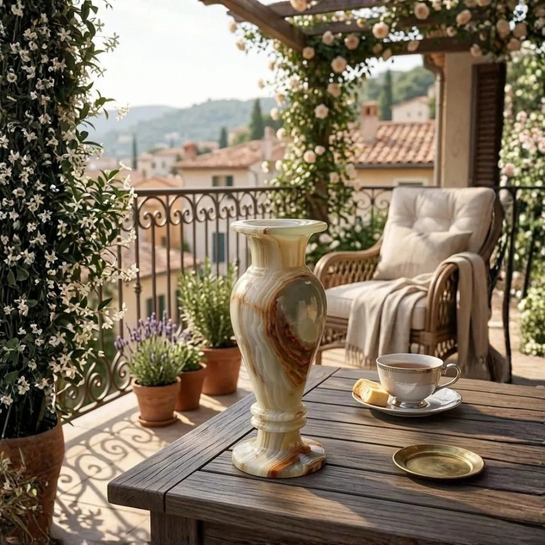 A hand-carved natural onyx stone vase with a high-gloss finish
